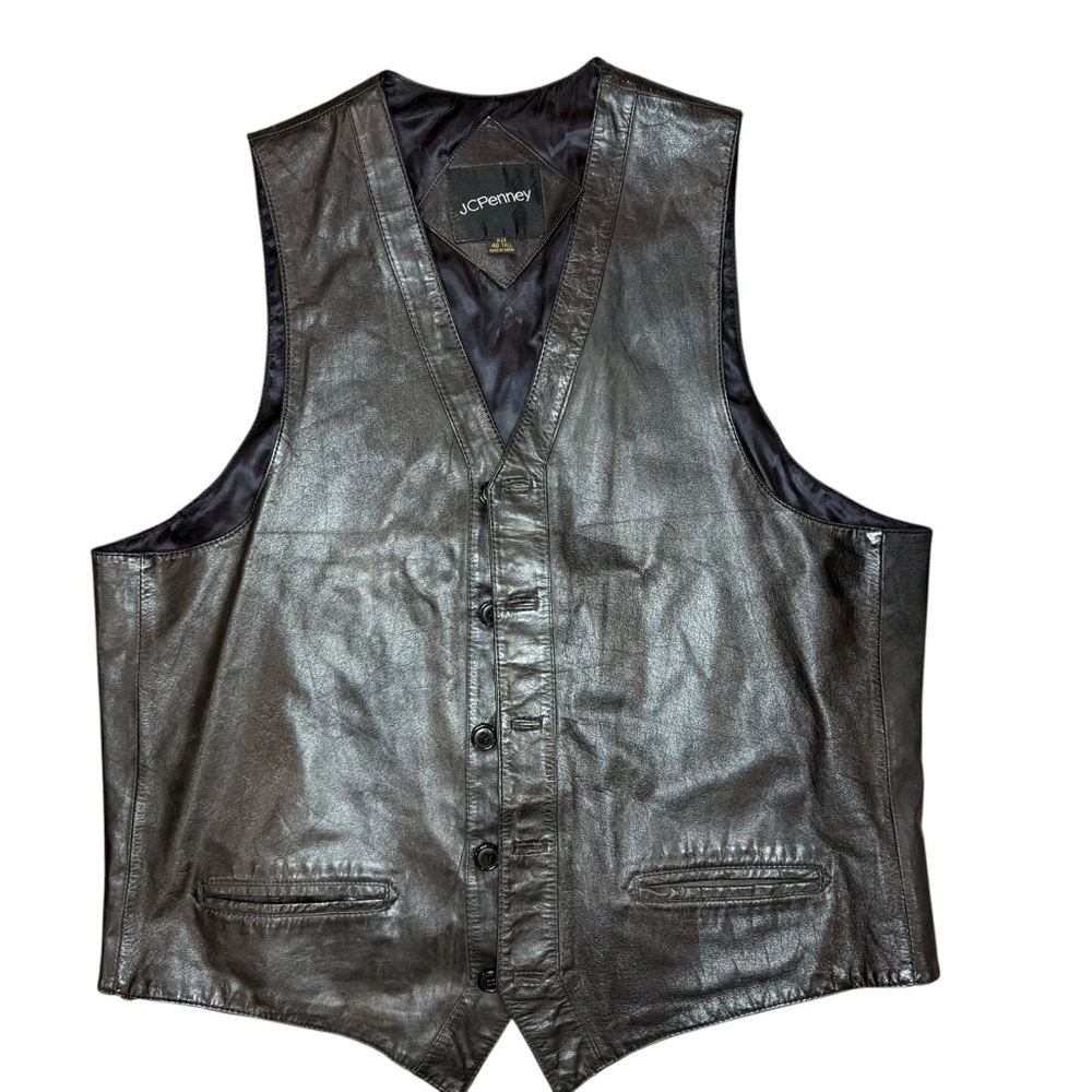 Vintage‎ JCPenney Men’s Black 100% Leather Vest 46 Tall